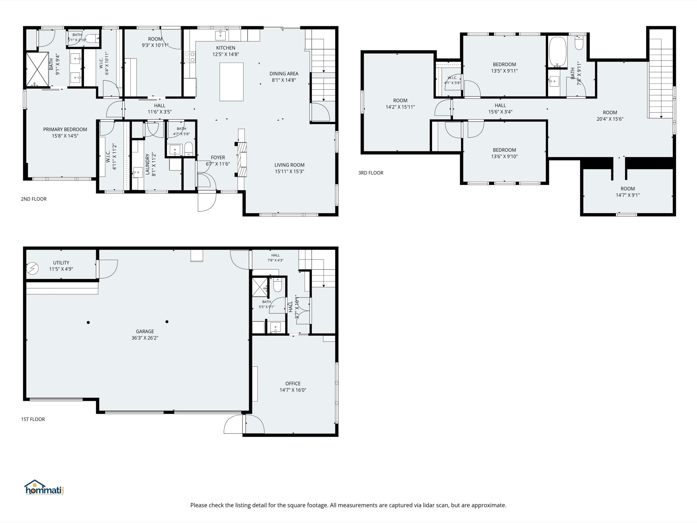 Floor plans for all three levels with room dimensions